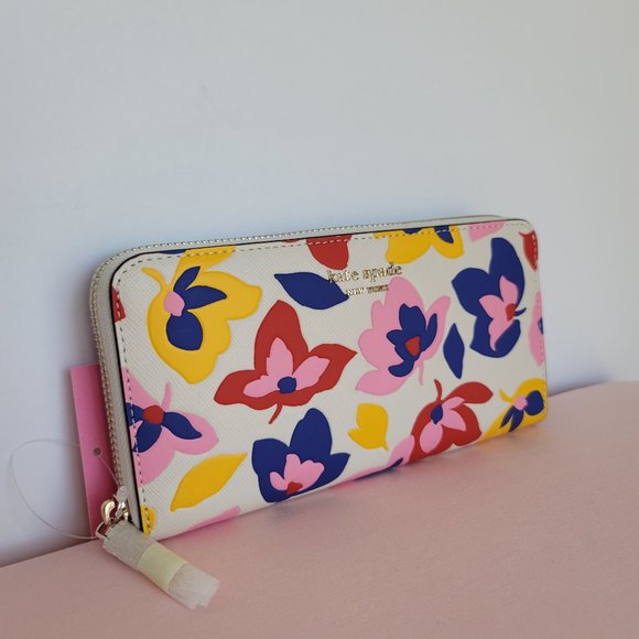 KATE SPADE Spencer Summer Flower Embossed Zip-around Continental Wallet- Cream ⭐ - Picture 2 of 16